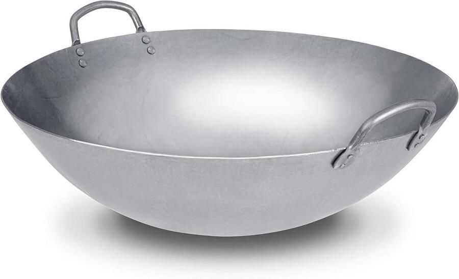 Koolstofstalen Wok Roerbakpan Aziatisch Koken Handgehamerd Ontwerp 46 cm Diameter Zwart