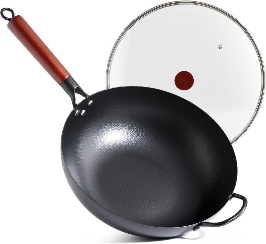Koolstofstalen Wok Roerbakpan Aziatisch Koken Natuurlijk Anti-aanbak 32 cm Zwart