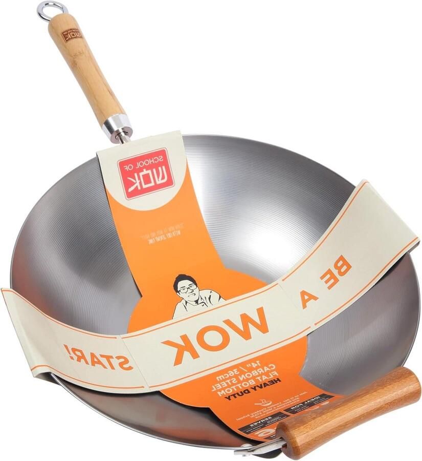 Koolstofstalen Wok Roerbakpan Aziatisch Koken Platte Bodem 36 cm Zwart