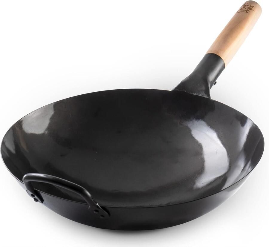 Koolstofstalen Wok Roerbakpan Aziatisch Koken Traditioneel Ontwerp 33.5 cm Zwart