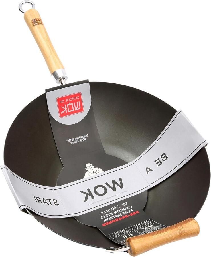 Koolstofstalen Wok Roerbakpan Aziatisch Koken Voorgekruid 40.5 cm Grijs