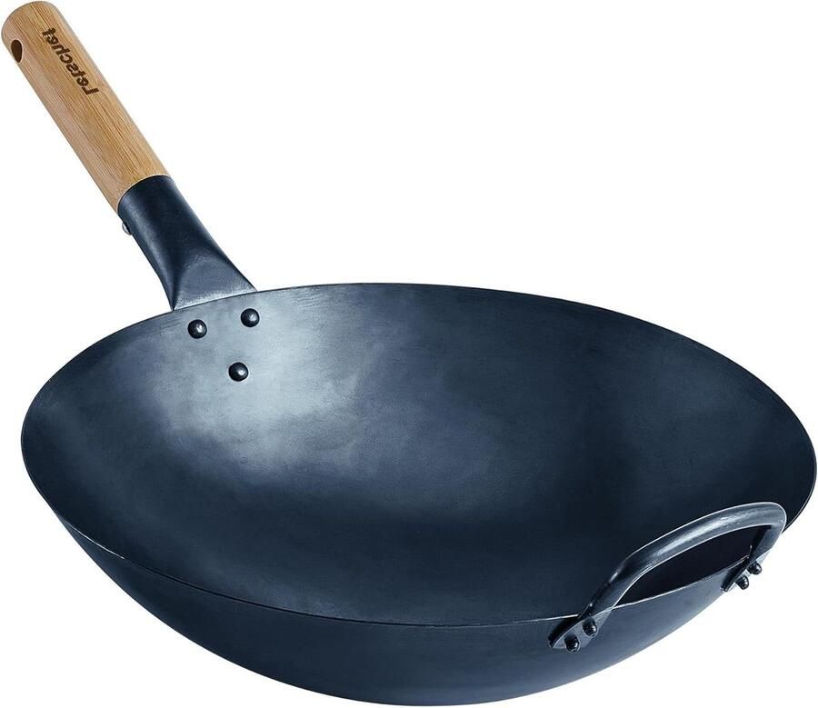 Koolstofstalen Wok Roerbakpan Chinese Pan Gezond Koken Handgehamerd Ontwerp 35 cm Zwart