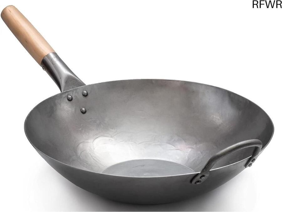 Koolstofstalen Wok Roerbakpan Handgesmeed Aziatisch Koken Platte Bodem 35.5 cm Zilver Houtkleur