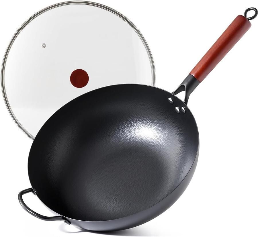 Koolstofstalen Wok Roerbakpan met Deksel Aziatisch Koken Natuurlijk Anti-aanbak 32 cm Zwart