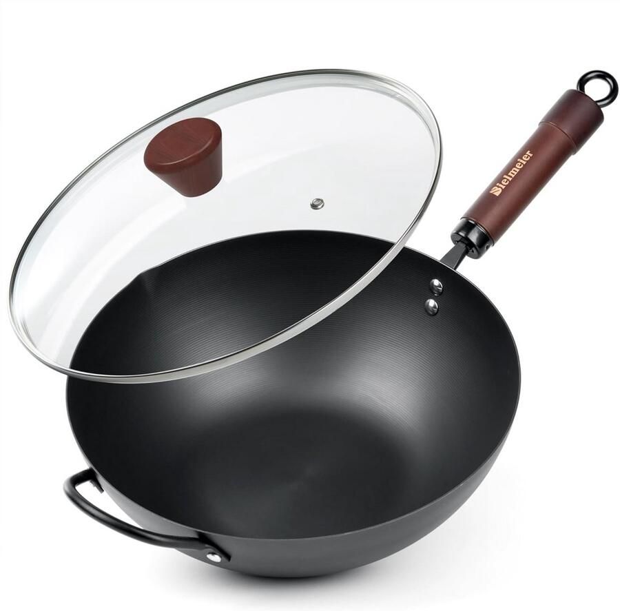Koolstofstalen Wok Roerbakpan met deksel Aziatisch koken Natuurlijke antiaanbaklaag 32 cm diameter Zwart