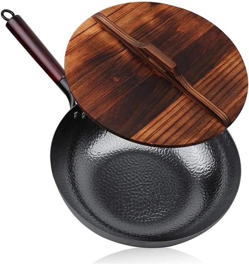 Koolstofstalen Wok Roerbakpan Snel Koken Snelle Gelijkmatige Warmte 32 cm Zwart