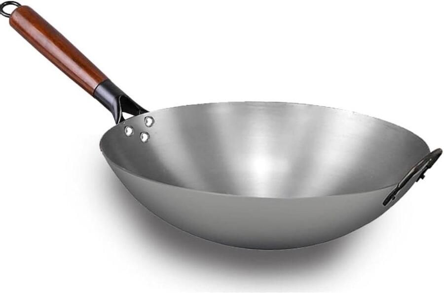 Koolstofstalen Wok Roerbakpan Traditioneel Authentiek Koken Voorgekruid Materiaal 40 cm Zilver