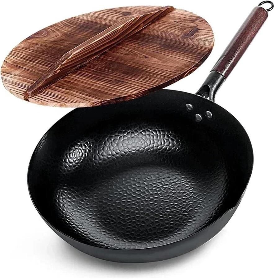 Koolstofstalen Wok Roerbakpan Veelzijdig Koken Platte Bodem 32 cm Zwart