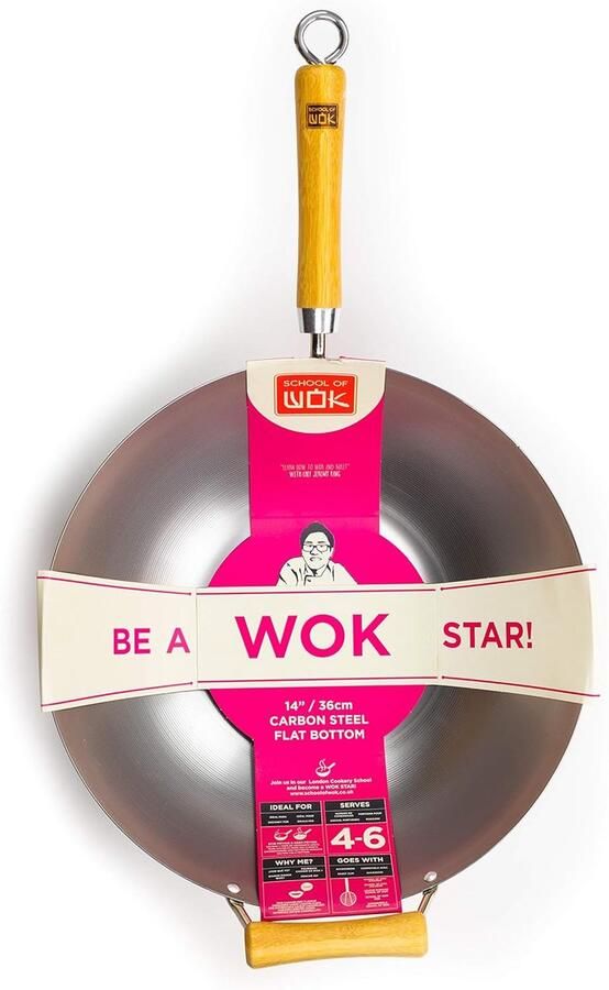 Koolstofstalen Wok Roerbakpan Wokpan Aziatisch Koken Platte Bodem 36 cm Zwart