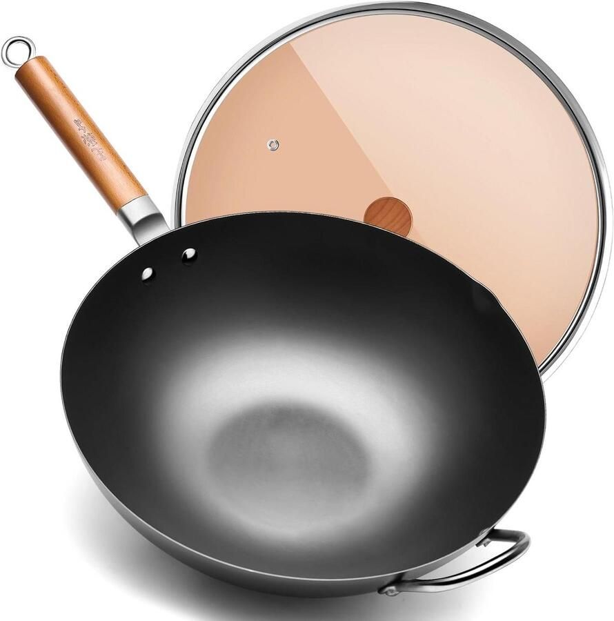 Koolstofstalen Wok Wokpan Koekenpan Aziatisch Koken Nitriding Proces 36 cm Zwart