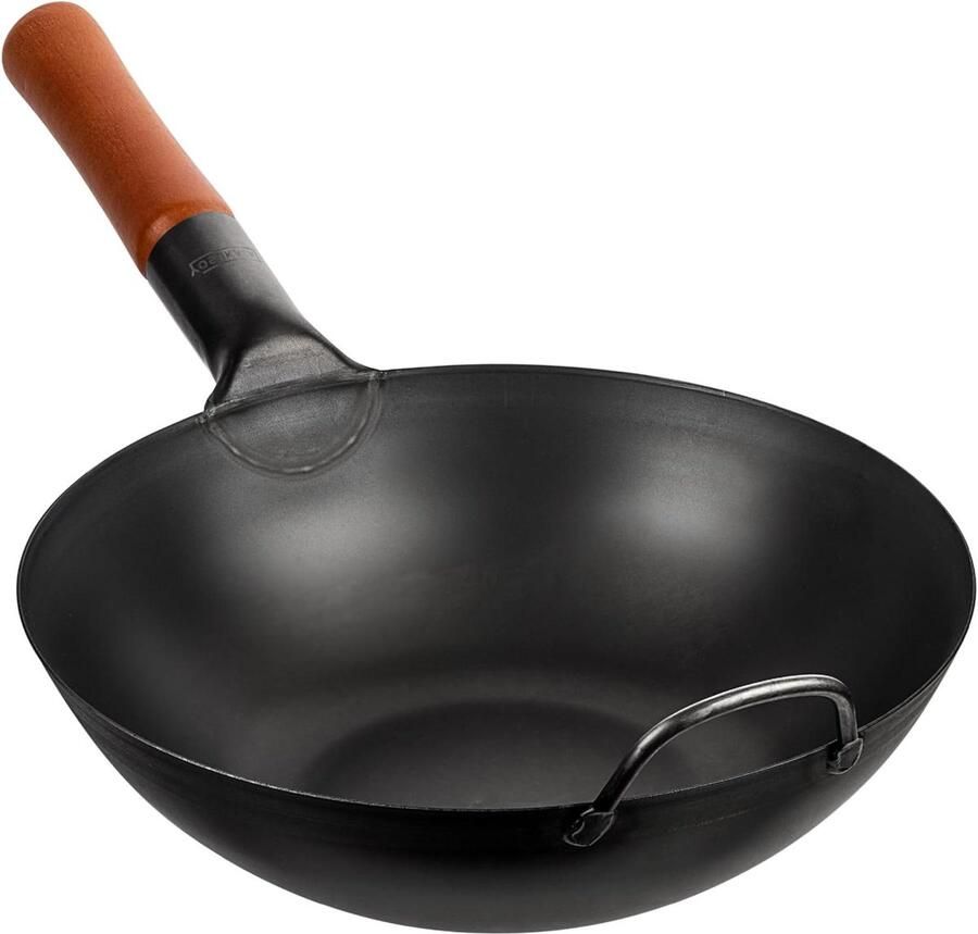 Koolstofstalen Wokpan Roerbakpan Aziatisch Koken Voorbehandeld 30 cm Zwart
