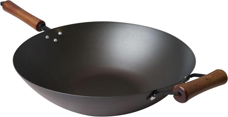 Koolstofstalen Wokpan Roerbakpan Aziatisch Authentiek Koken Vooraf Ingebrand Oppervlak 35 cm Zwart