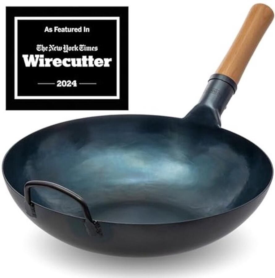 Koolstofstalen Wokpan Roerbakpan Groot Gezond Koken Platte Bodem 34 cm Blauw
