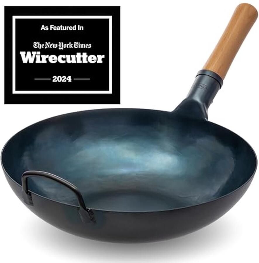Koolstofstalen Wokpan Roerbakpan Groot Gezond Koken Voorbehandeld Plat Bodem 34 cm Blauw