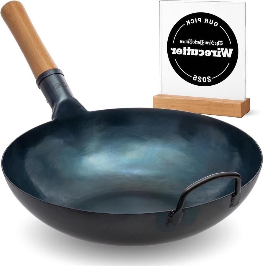 Koolstofstalen Wokpan Roerbakpan Groot Heerlijk Koken Voorverwarmd & Platte Bodem 34 cm Blauw