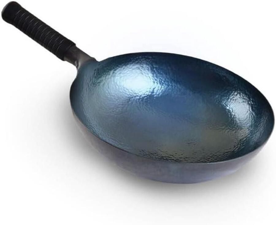 Koolstofstalen Wokpan Roerbakpan Handgehamerd Aziatisch Koken Voorgekruid Niet-gecoat 36 cm Zwart
