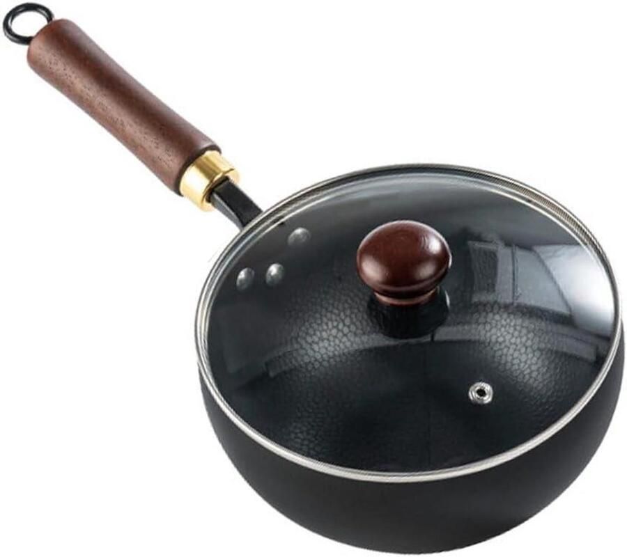 Koolstofstalen wokpan Roerbakpan met deksel Gezond koken Afneembaar houten handvat 26 cm diameter Zwart