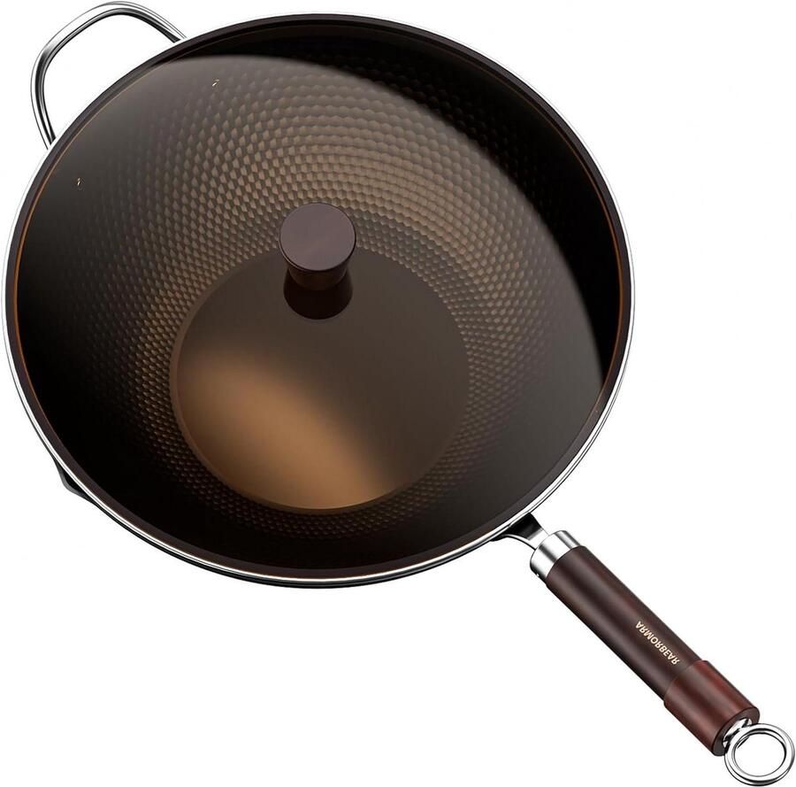 Koolstofstalen Wokpan Roerbakpan Platte bodem Aziatisch Koken Tripool Genitreerd 34 cm Zwart