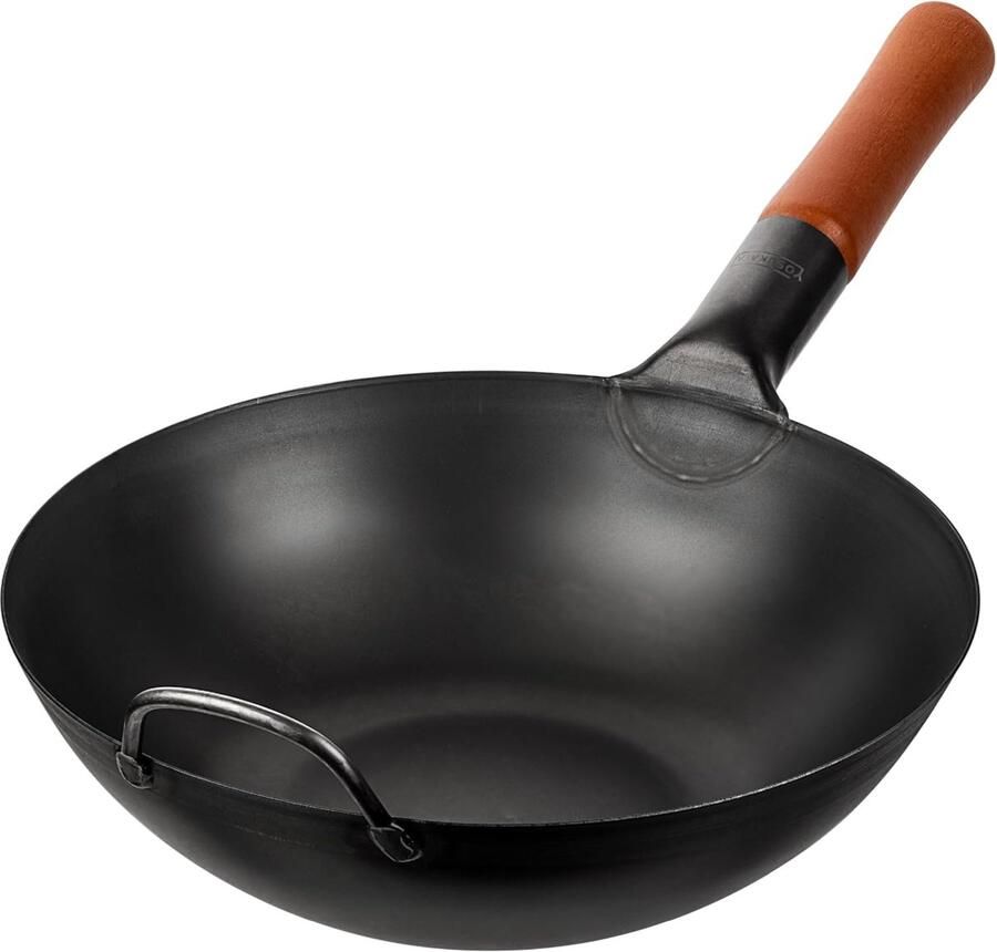 Koolstofstalen Wokpan Roerbakpan Platte Bodem Aziatisch Koken Voorverwarmd & PFAS-vrij 30 cm Zwart