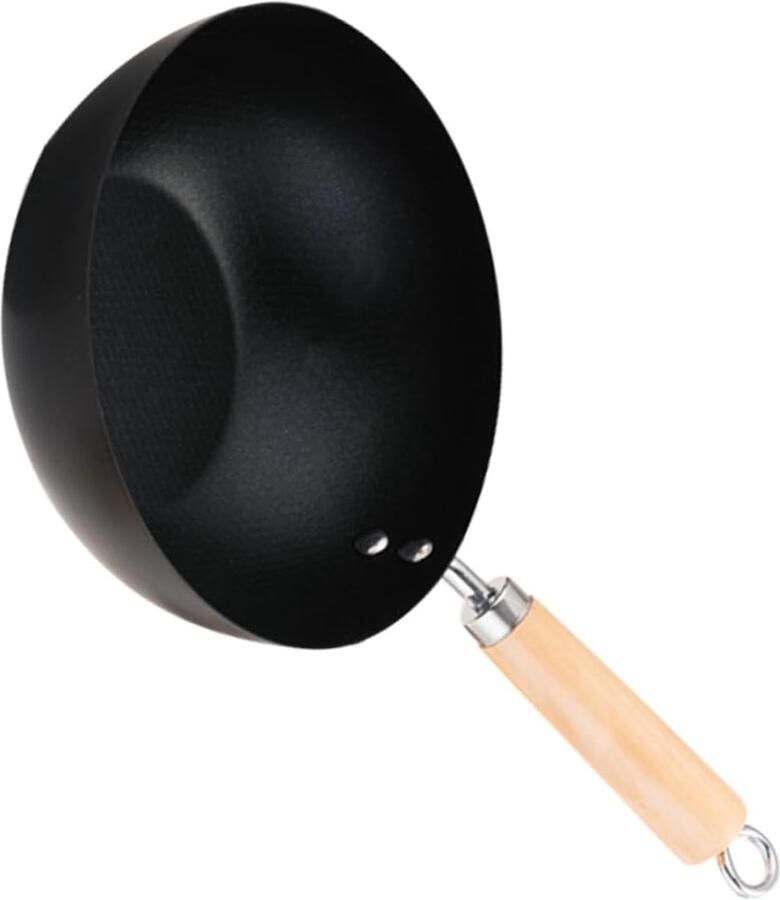 Koolstofstalen Wokpan Roerbakpan Platte Bodem Snel Koken Houten Handvat 22 Cm Zwart