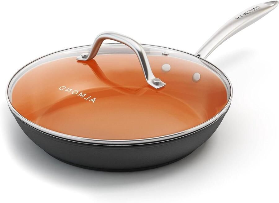 Koperen Koekenpan Antiaanbakpan met Deksel Gelijkmatig Koken 3mm Dik Aluminium 10 Inch Diameter Koper