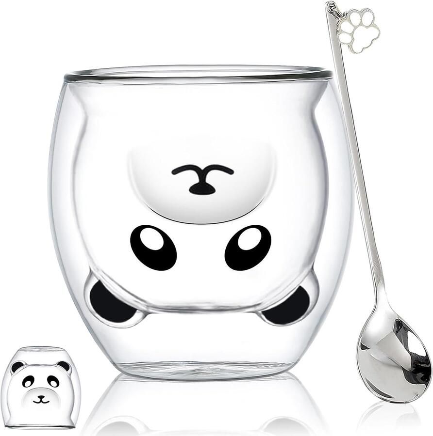 Kopjes koffie- theeglazen drinkglazen dubbelwandige isolatieglazen espressokopje beer kat (Panda)