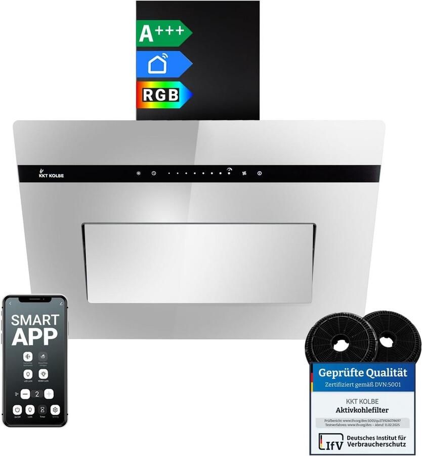 Kopvrije afzuigkap 60 cm Zwart Glas Schuin Wandmodel 782 m³ u WiFi App
