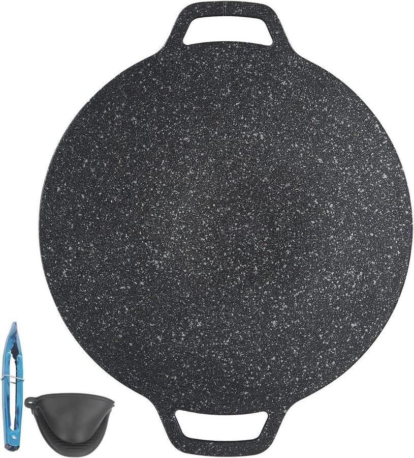 Koreaanse BBQ Grillpan Barbecue Bakplaat Buiten Koken Dubbele Handgrepen 38cm Zwart
