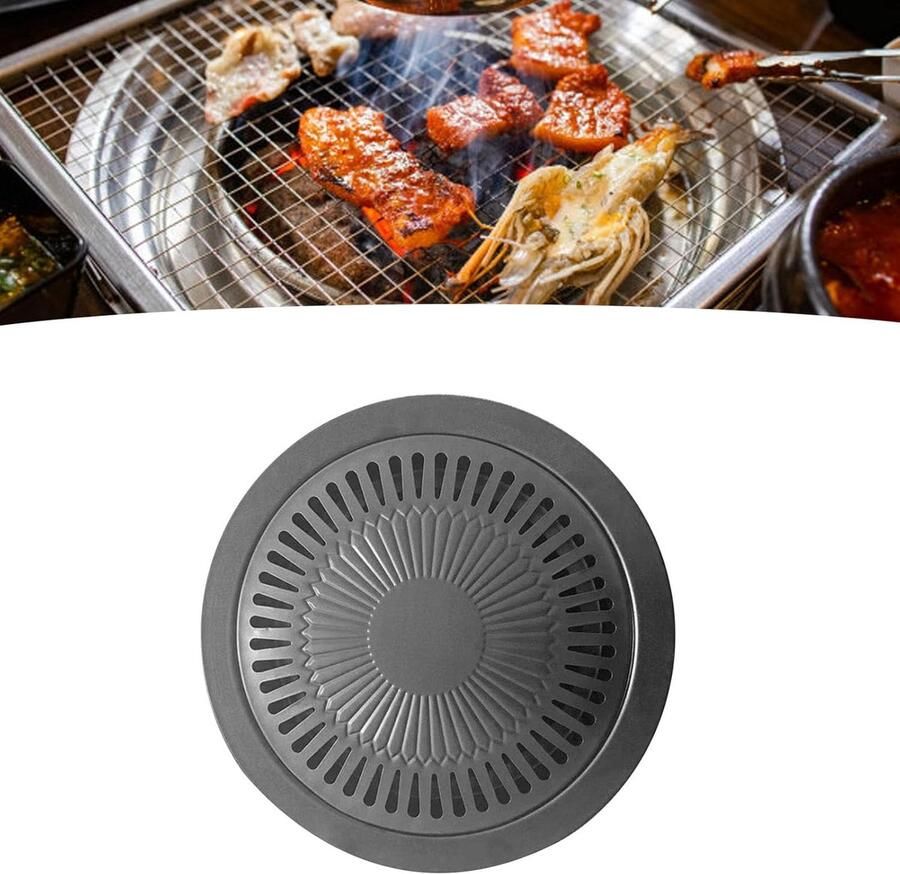 Koreaanse BBQ Grillpan Ronde Grillplaat Binnen Buiten Koken Gecanneleerde Olie Lade 30 cm Zwart