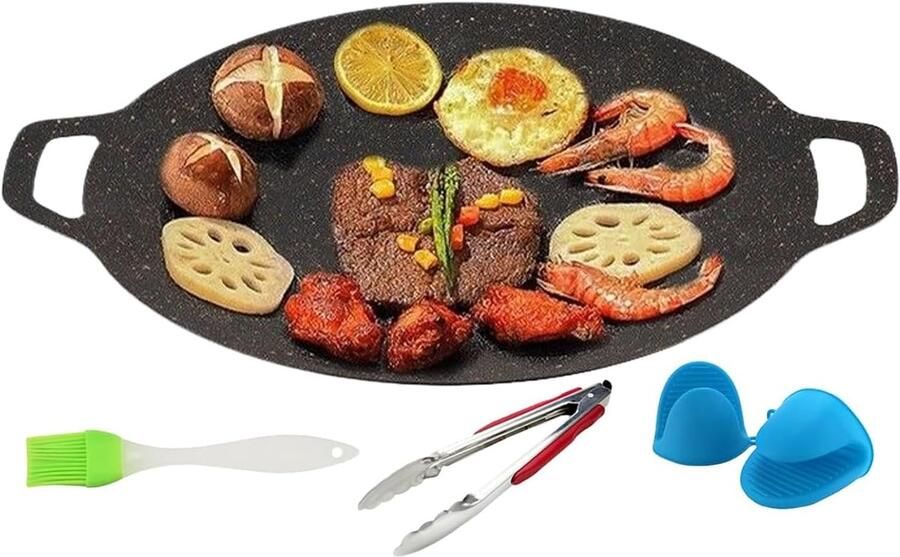 Koreaanse Grillpan Antiaanbak Braadpan Binnen en Buiten Grillen Dubbele Handgrepen 32 cm Zwart