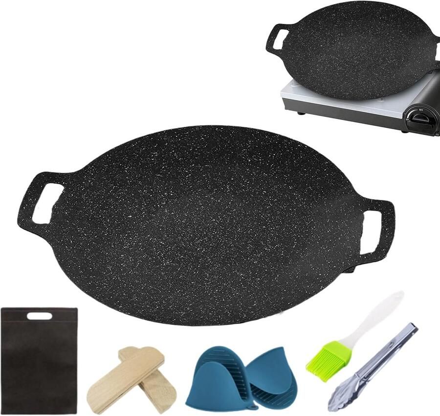 Koreaanse grillpan Gietijzeren pan Buiten koken Antiaanbaklaag 38 cm Zwart