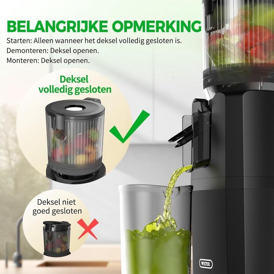 Koudperssapcentrifuge met XXL voerkanaal voor hele fruit en groenten slowjuicer met 85% saprendement