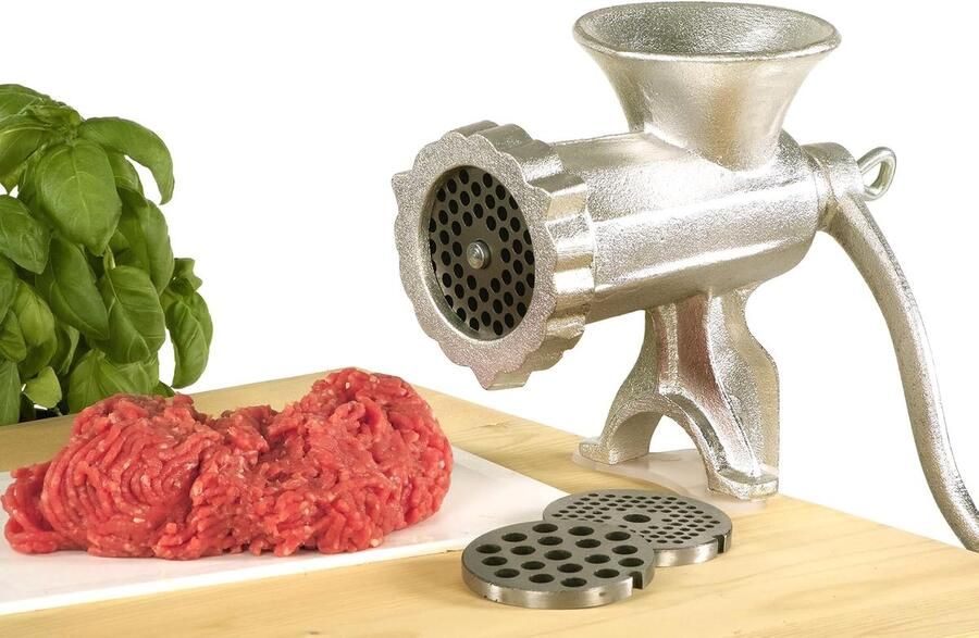 Kr & uuml; ger vleesmolen gietijzer aluminium Vertind grijs gietijzer met houten handvat 3 gatschijven en gebakopzetstuk voor gehakt vlees tatar en spuitgebak