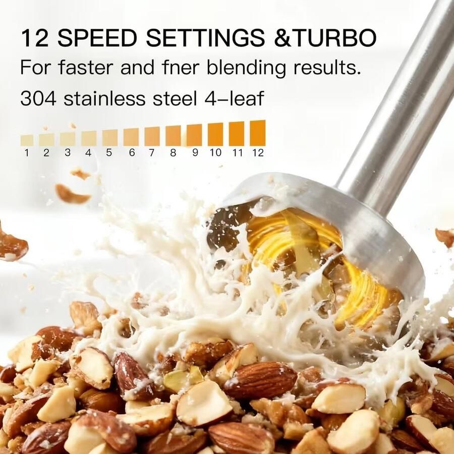 Krachtige 12-Speed Staafmixer RVS Handmixer met 3-in-1 Functie en Titanium Gecoate Bladen voor Perfecte Mixresultaten