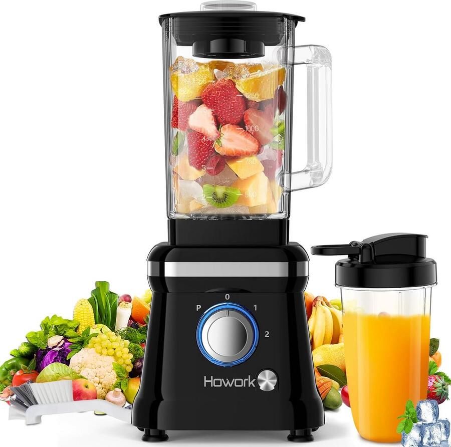 Krachtige 1200W Blender 1 6L Glasvat 2 Snelheden + Pulse 6 RVS Messen Inclusief 400ml Reisbeker en Reinigingsborstel Ideaal voor Smoothies en Sappen