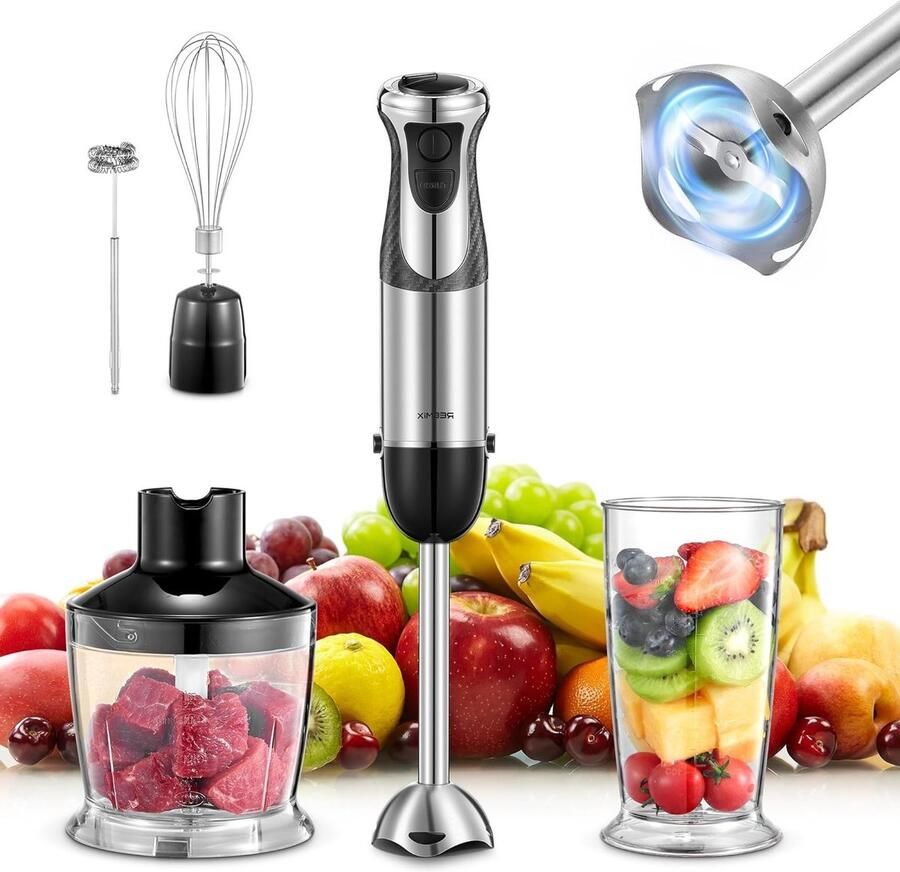 Krachtige 5-in-1 Staafmixer met RVS 1000 W 12 Snelheden Inclusief Klopper Melkschuimer 500 ml Hakmolen en 600 ml Maatbeker voor Soepen en Sauzen