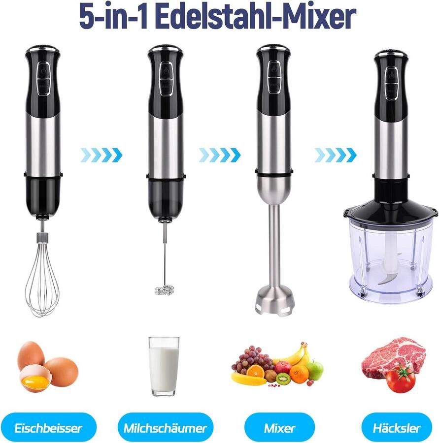 Krachtige 5-in-1 Staafmixer Set: 1000W 21 Snelheden Turbo Hakmolen & Garde