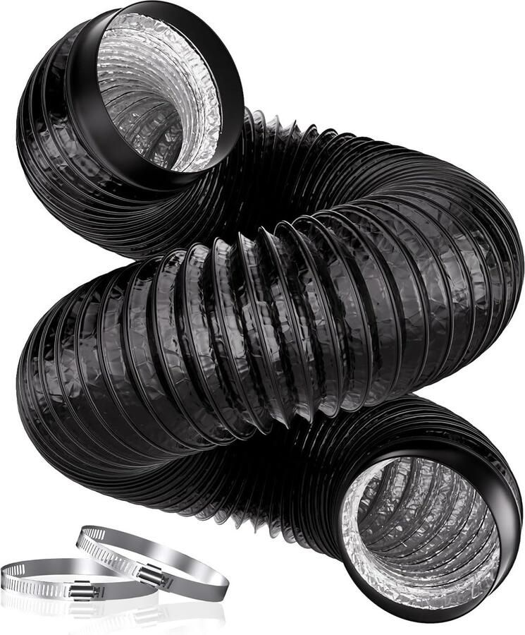 Krachtige Afvoerslang 100 mm 3 m PVC Aluminium Buizen met 2 Slangklemmen voor Afzuigkap Ventilator en Droger Zwart