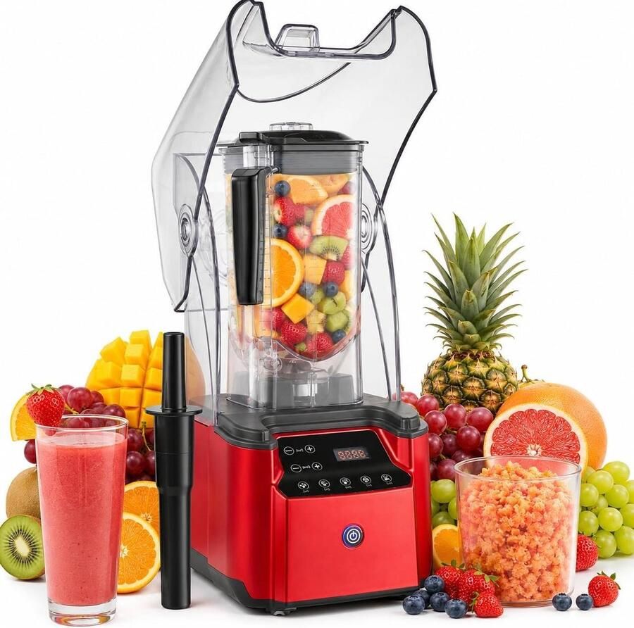Krachtige Blender Smoothie Maker IJscrusher Professioneel Gebruik Geluidsisolerende Kap 2.2 Liter Rood Zwart Transparant