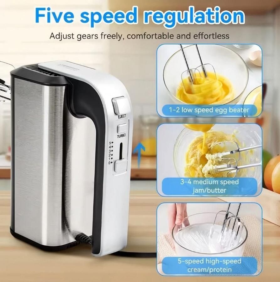 Krachtige Elektrische Mixer 800W 5 Snelheden Inclusief Gardes en Deeghaken