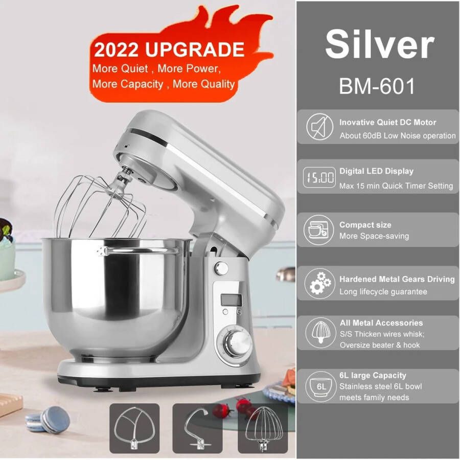Krachtige Keukenvoedselmixer Roestvrij Staal 3 mixgardes 6L Zilver 6 snelheden 1200W 220V
