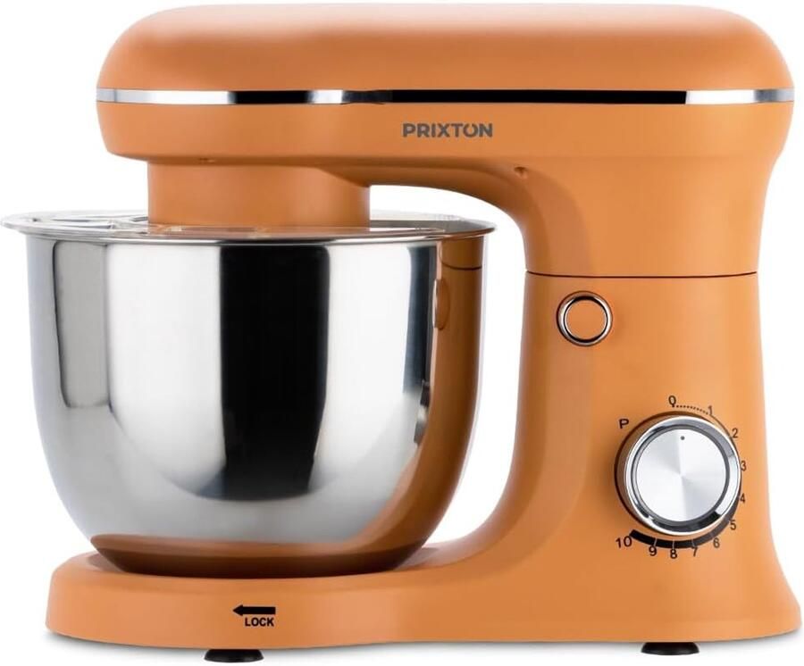 SnelShoppen PRIXTON KR250 Kneedmachine voor Bakwaren 1500 W 10 Snelheden 5L Roestvrijstalen Kom 3 Accessoires Transparant Deksel Oranje Kleur