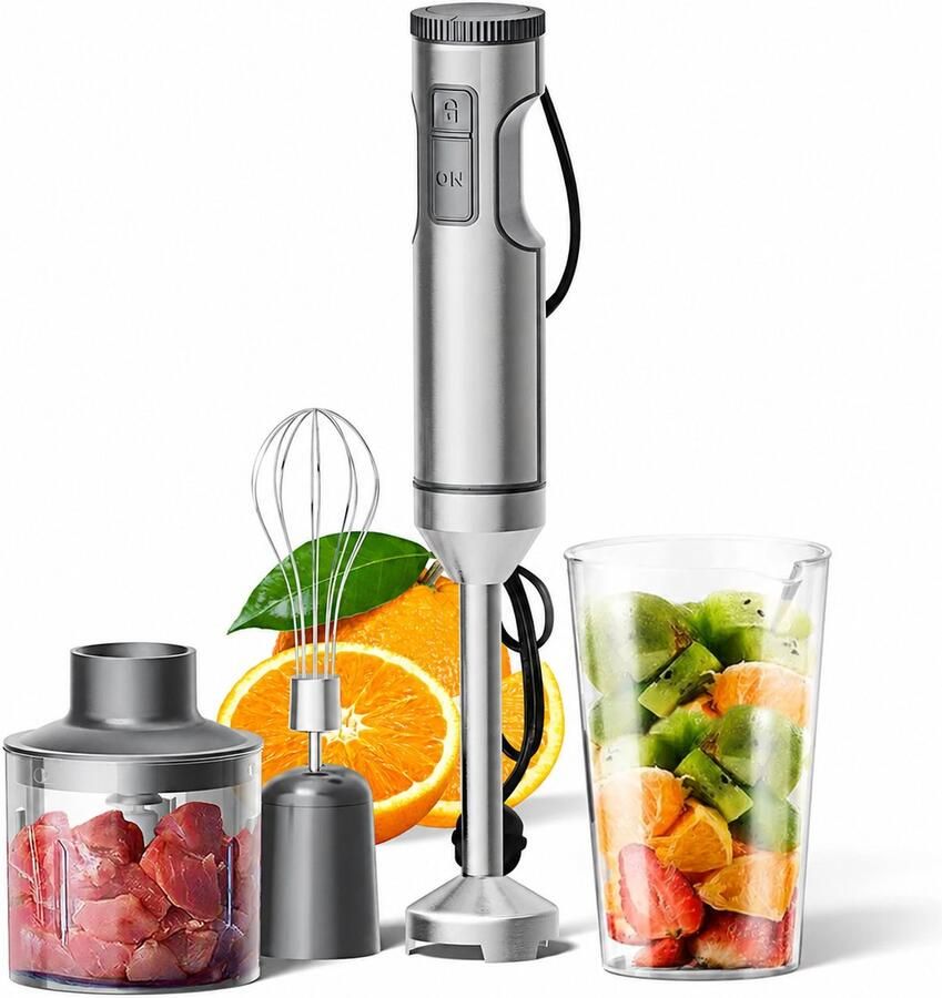 Krachtige staafmixer 4-in-1 roestvrijstalen staafmixer max. 1200 W 15.000 tpm 700 ml maatbeker 500 ml hakmolen garde voor soepen en sauzen
