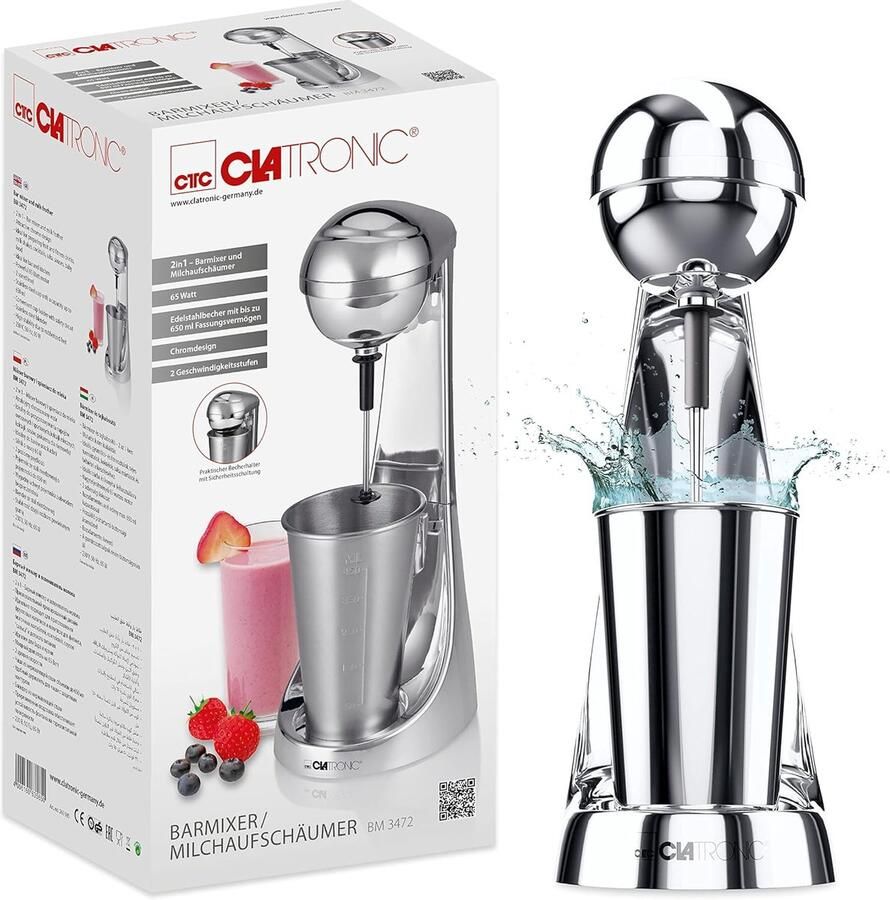 Krachtige Staafmixer en Melkopschuimer met Rvs Beker 2 Snelheden 650 ml Chroom Design