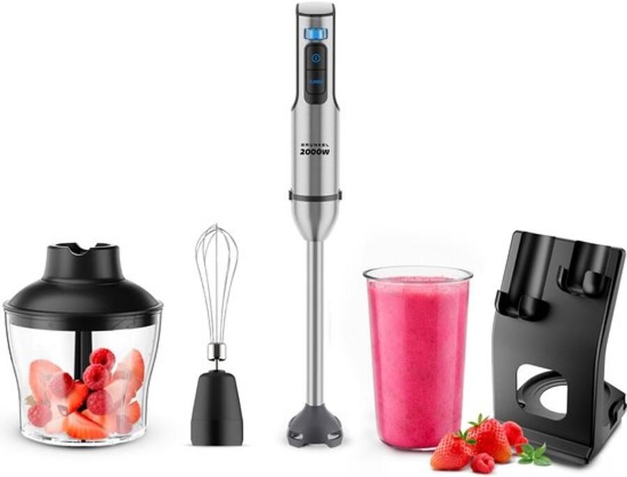 Krachtige staafmixer met 2000 W roestvrij staal beker en accessoireset met staaf hakmolen en standaard metalen punt en siliconen basis zilverkleurig