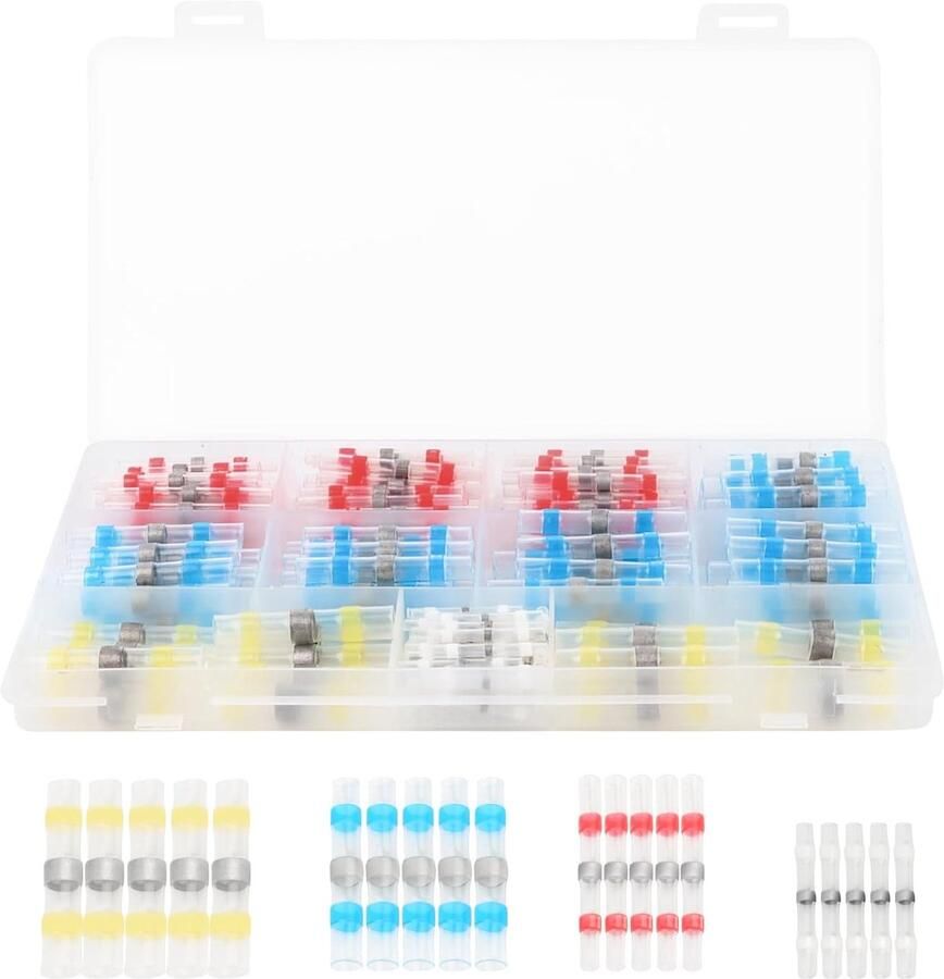 Krimpverbinders 200 stuks auto-kabelverbinders stootverbinders kabelkrimpverbinders krimpkous met soldeertin 4 maten 26-10 AWG voor auto's marine boot (wit rood blauw geel)