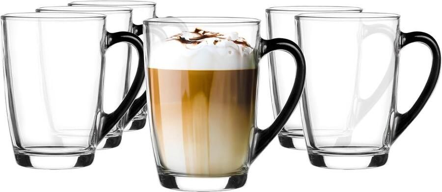 KROSNO 1992 Koffieglas Koffie Glas Met Handvat Thee 300 ml Glas Robuust Vaatwasserbestendig Hoogglans Zwarte Handgreep