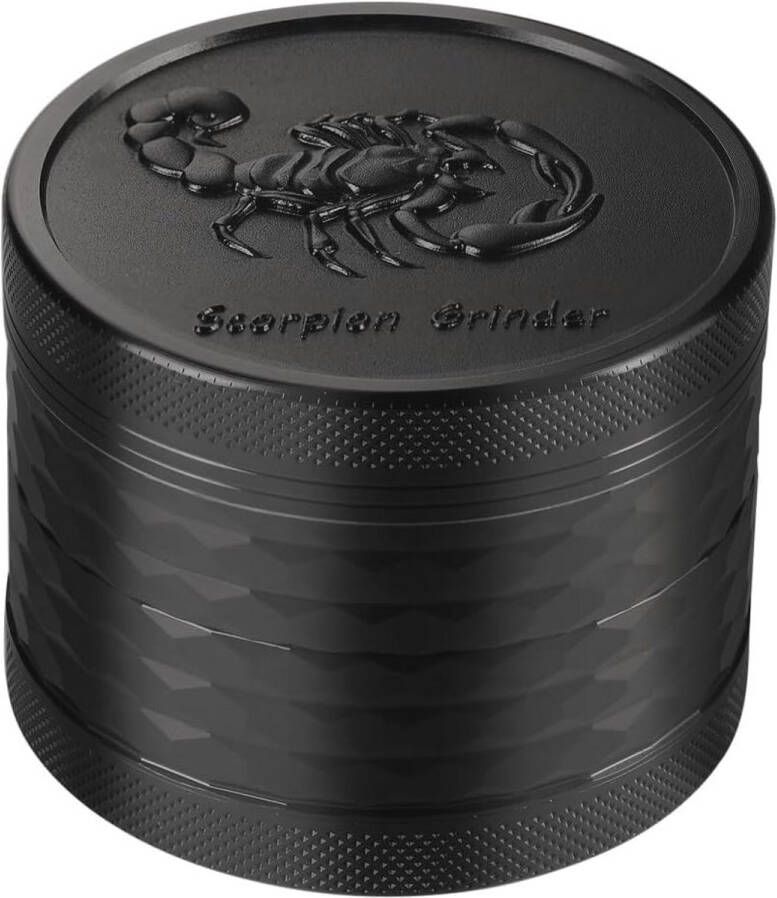 Kruidenmolen 2 5 inch aluminium 4delig met Schorpioen reliëf en stuifmeelschraper zwart