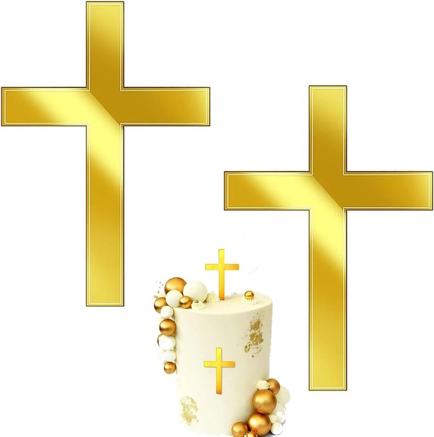 Kruis voor taartdecoratie caketopper kruis gouden top taart decoratie acryl taartdecoratie doop 10 x 7 cm voor bruiloft verjaardag feest communie (2 stuks)