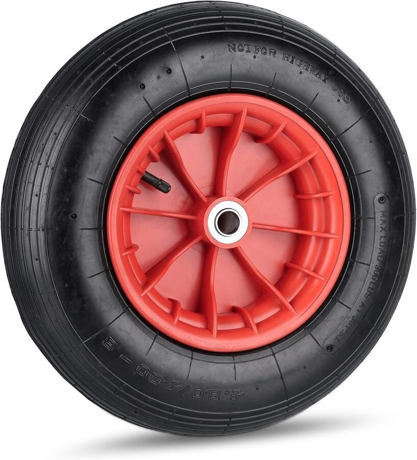 Kruiwagenwiel 4.80 4.00-8 met binnenband kunststof velg tot 120 kg luchtband met ventiel zwart rood